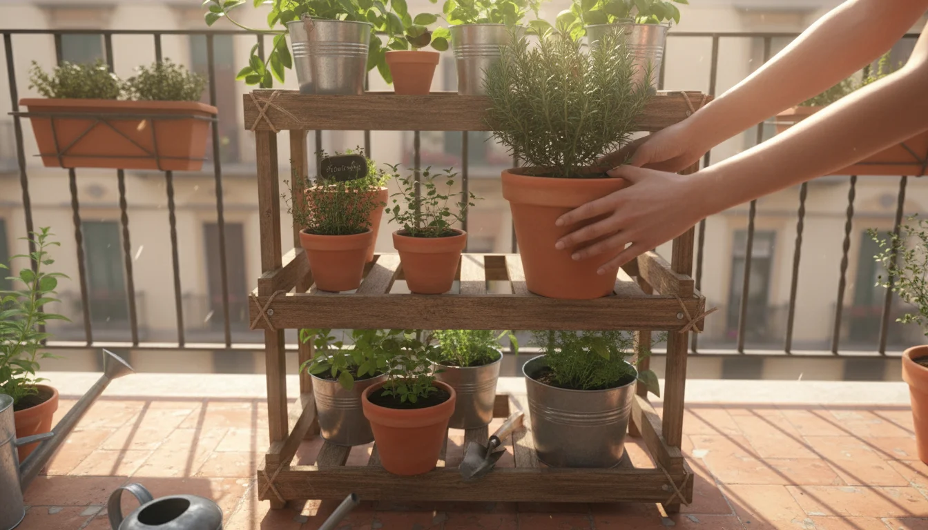 Hands placing a potted rosemary on a rustic wooden tiered plant stand filled with herbs on a sunny balcony, showcasing vertical gardening.