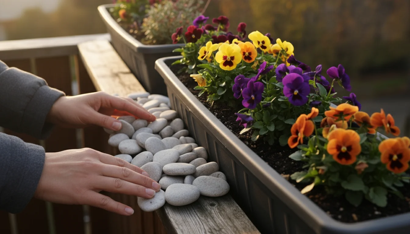 Hands placing river stones over soil in a dark grey balcony planter box filled with vibrant purple and yellow pansies.