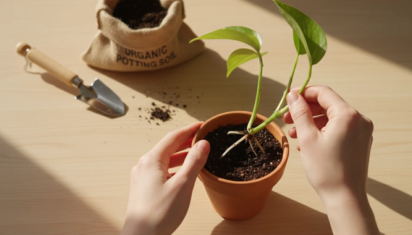 Hands gently placing a rooted Pothos cutting into a small terracotta pot with soil on a wooden table.