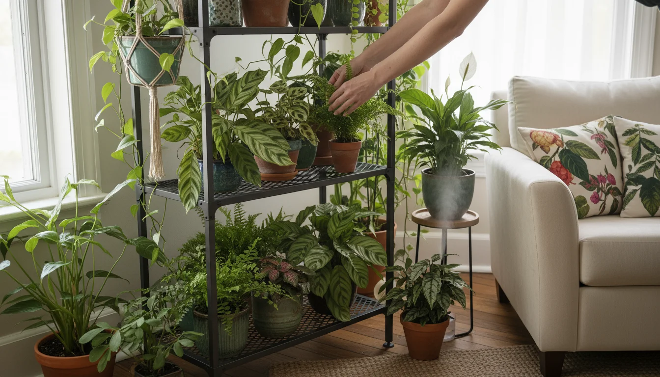 Hands placing a small fern into a tightly grouped collection of houseplants on a multi-tiered stand, including calatheas and peace lilies.