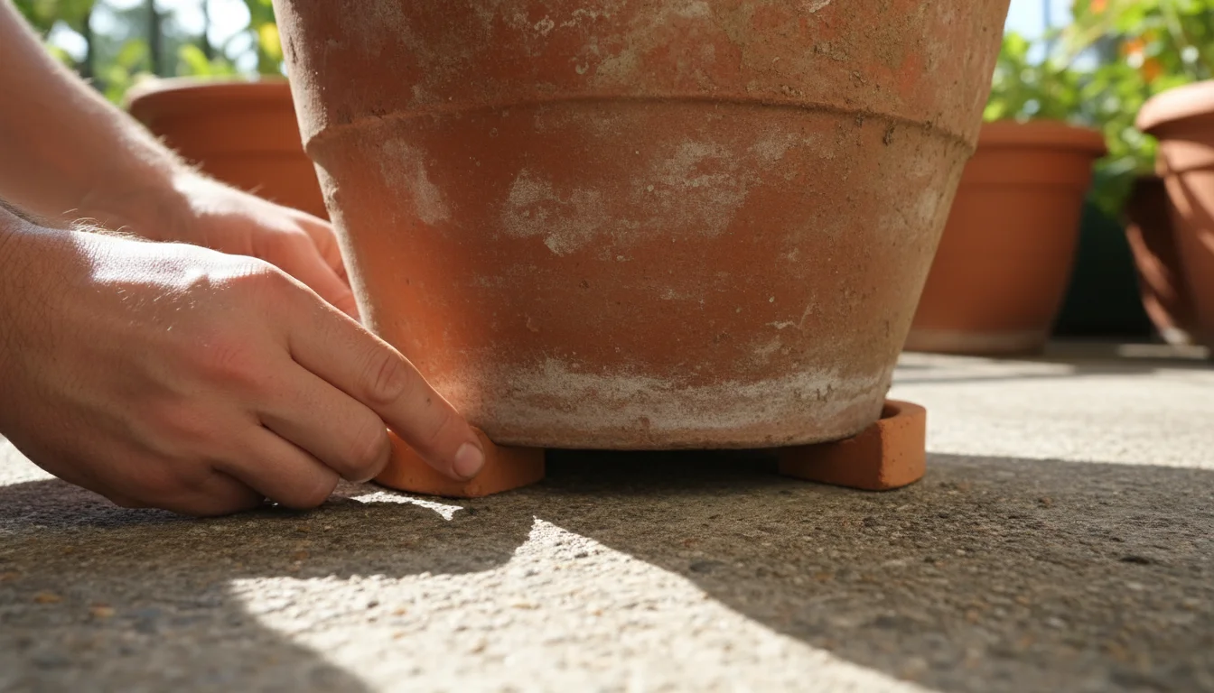 Hands placing a terracotta pot foot under a terracotta pot on a concrete balcony, creating space for drainage.