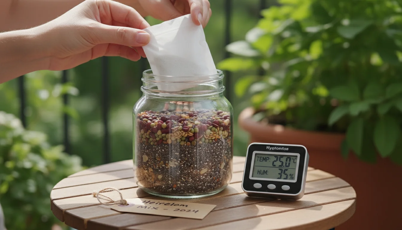 Hands placing a tissue-wrapped desiccant into a clear jar of dried seeds, with a hygrometer showing low humidity on a balcony table.
