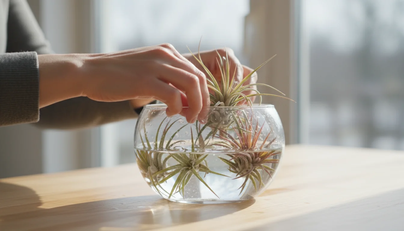 Hands gently placing various Tillandsia air plants into a clear glass bowl of water on a light kitchen counter.
