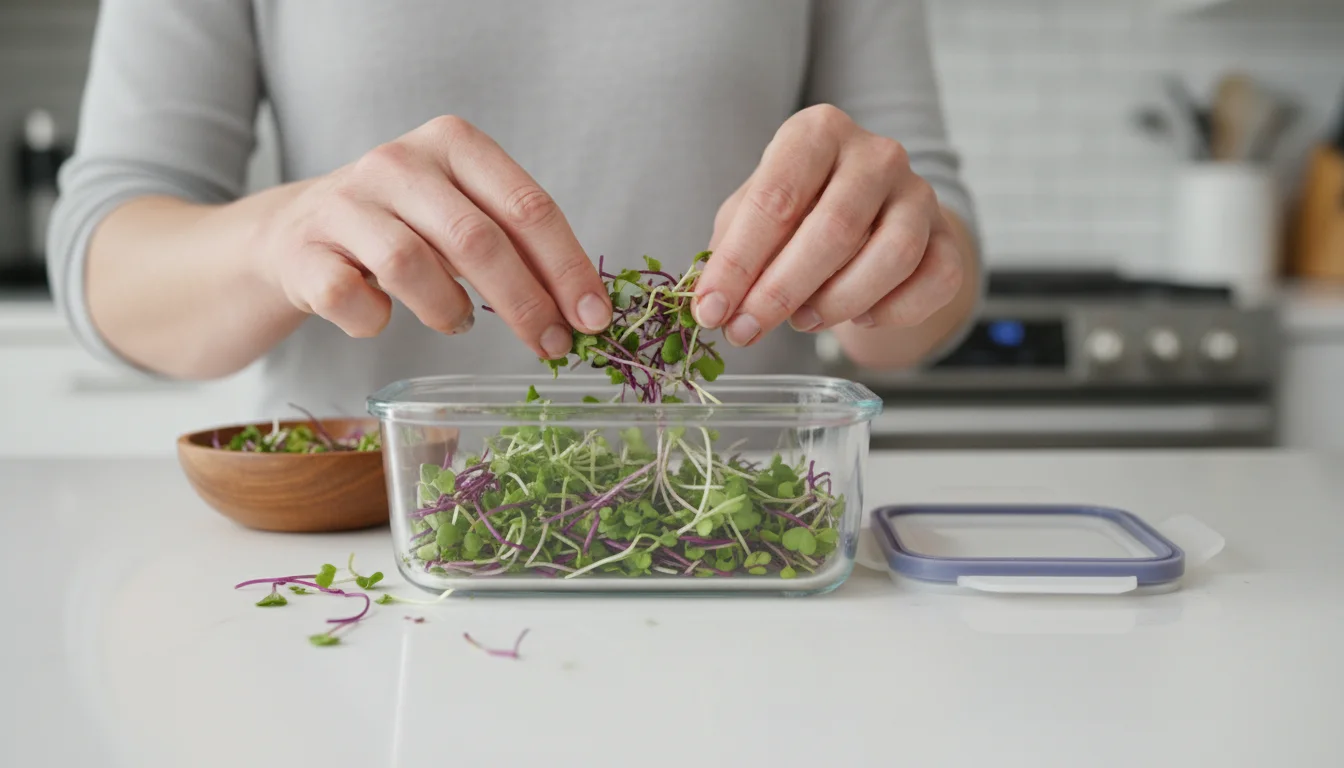Close-up of hands gently placing vibrant, thoroughly dried microgreens into a clear glass airtight container lined with a paper towel on a clean kitch