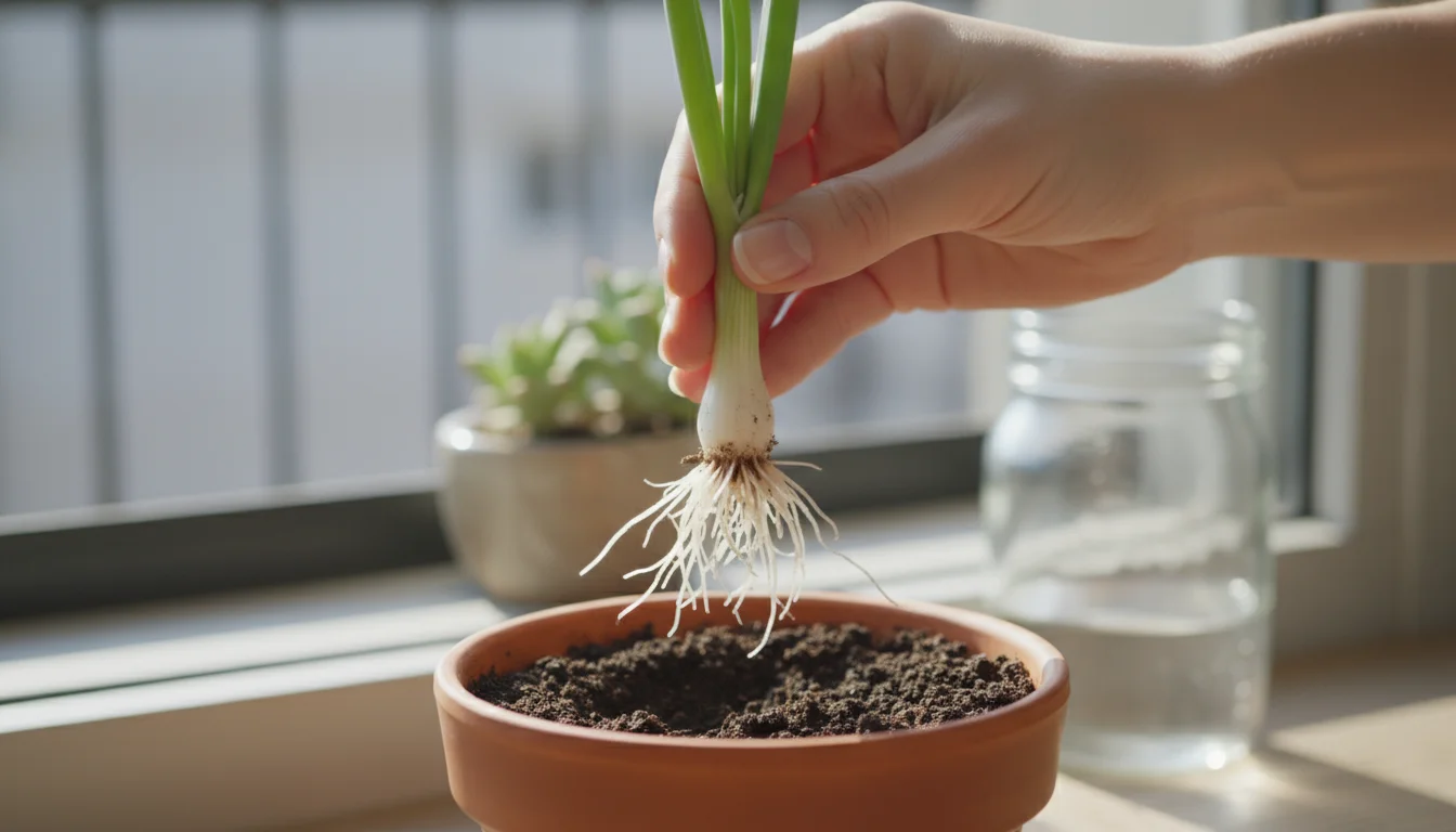 Hands gently plant a rooted green onion scrap into a small terracotta pot filled with soil on a bright windowsill.