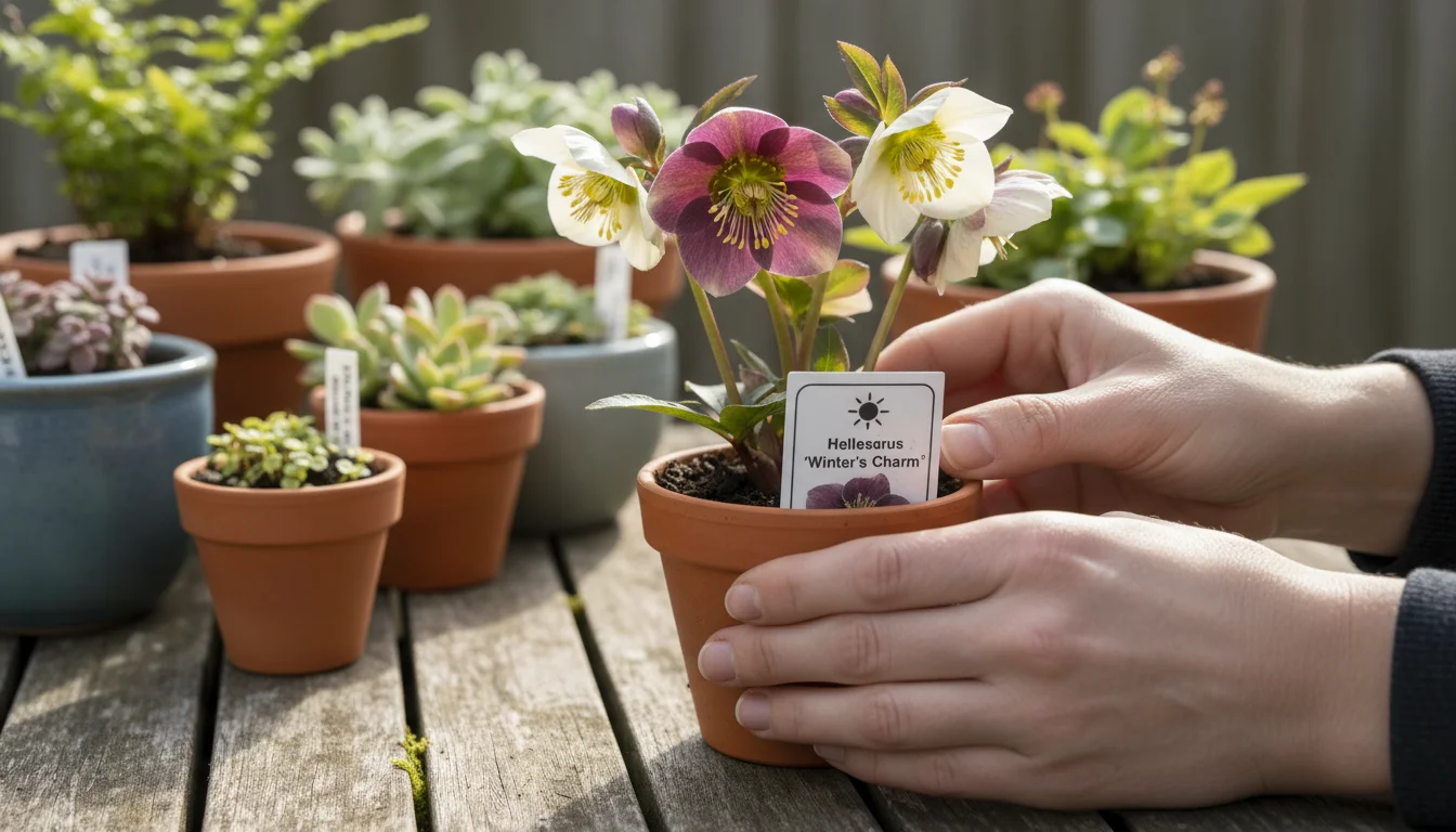 Close-up of hands examining a plant tag on a small potted Hellebore, with