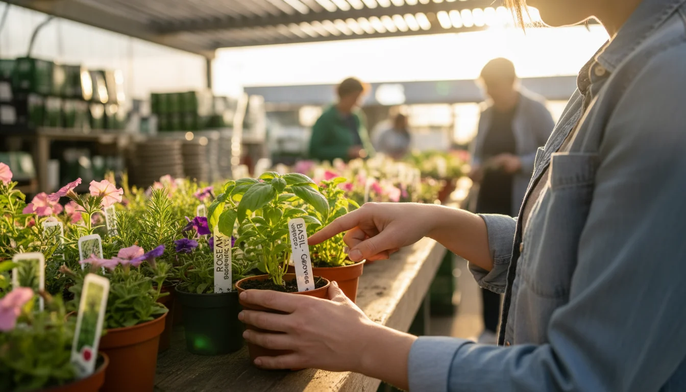 Hands examining plant tags on small potted plants at a garden center.