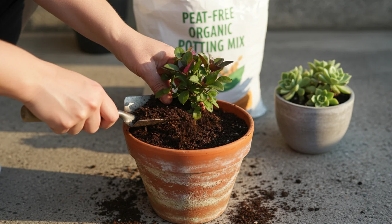 Hands gently plant a vibrant native perennial into a terracotta pot using peat-free potting mix on a small balcony.