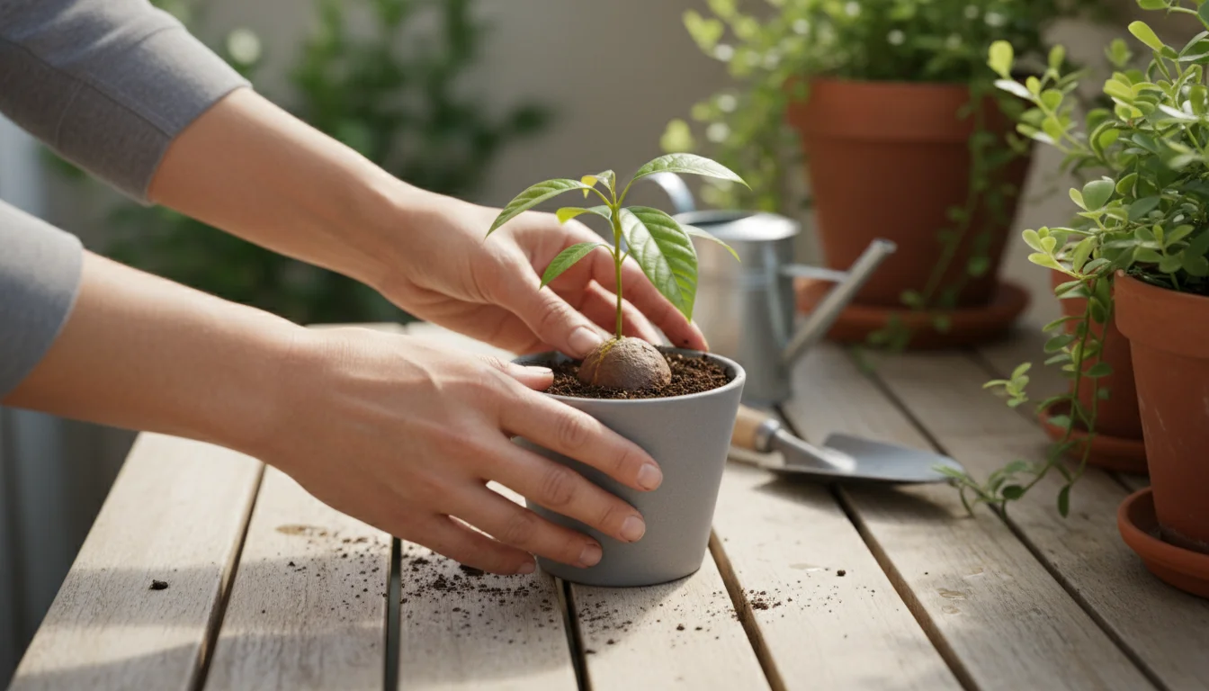 Hands gently planting an avocado seedling with a small stem and leaves into a gray ceramic pot filled with soil.