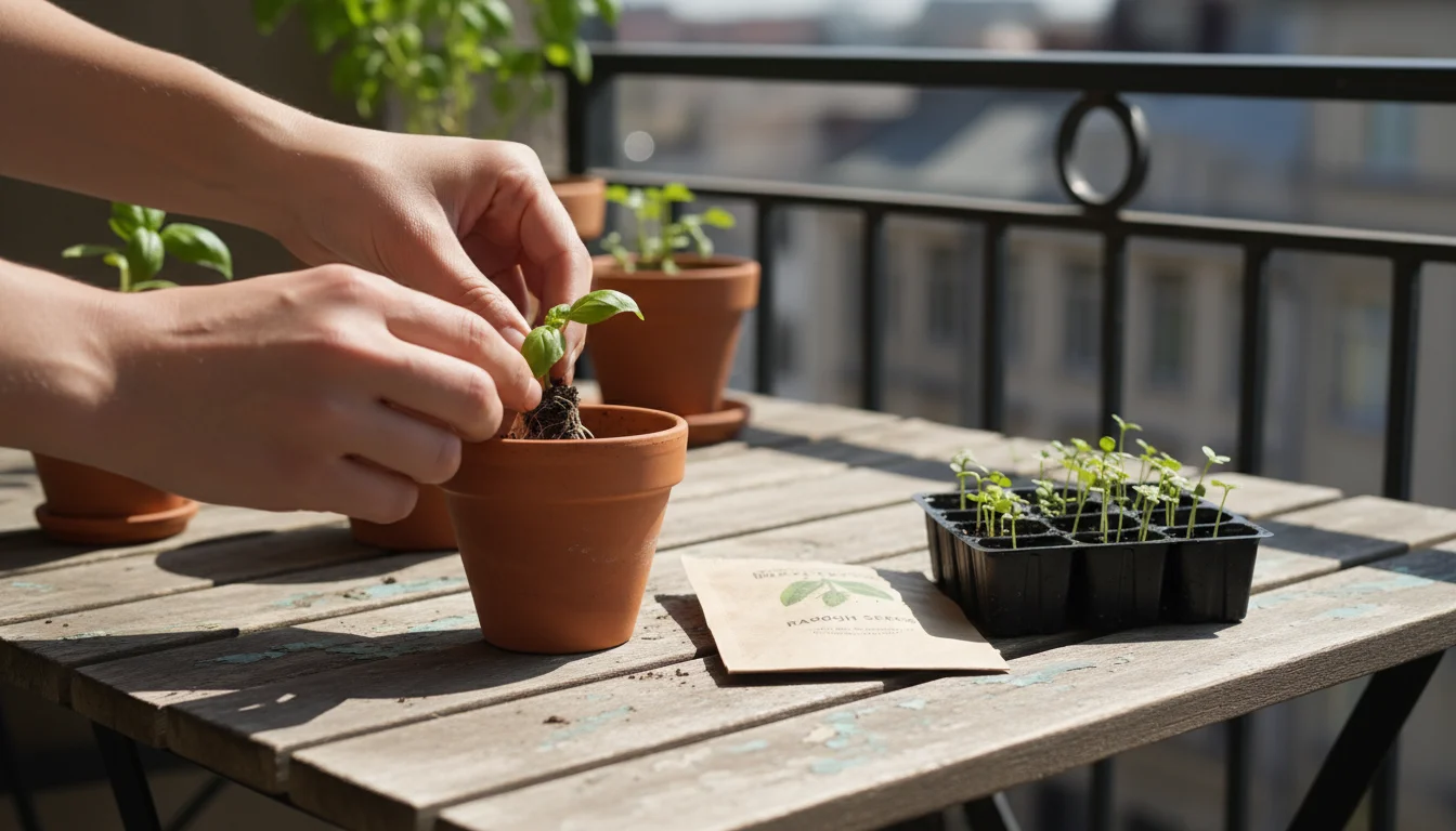 Hands planting a basil cutting into a small terracotta pot on a balcony table, with radish seeds and seedlings nearby.