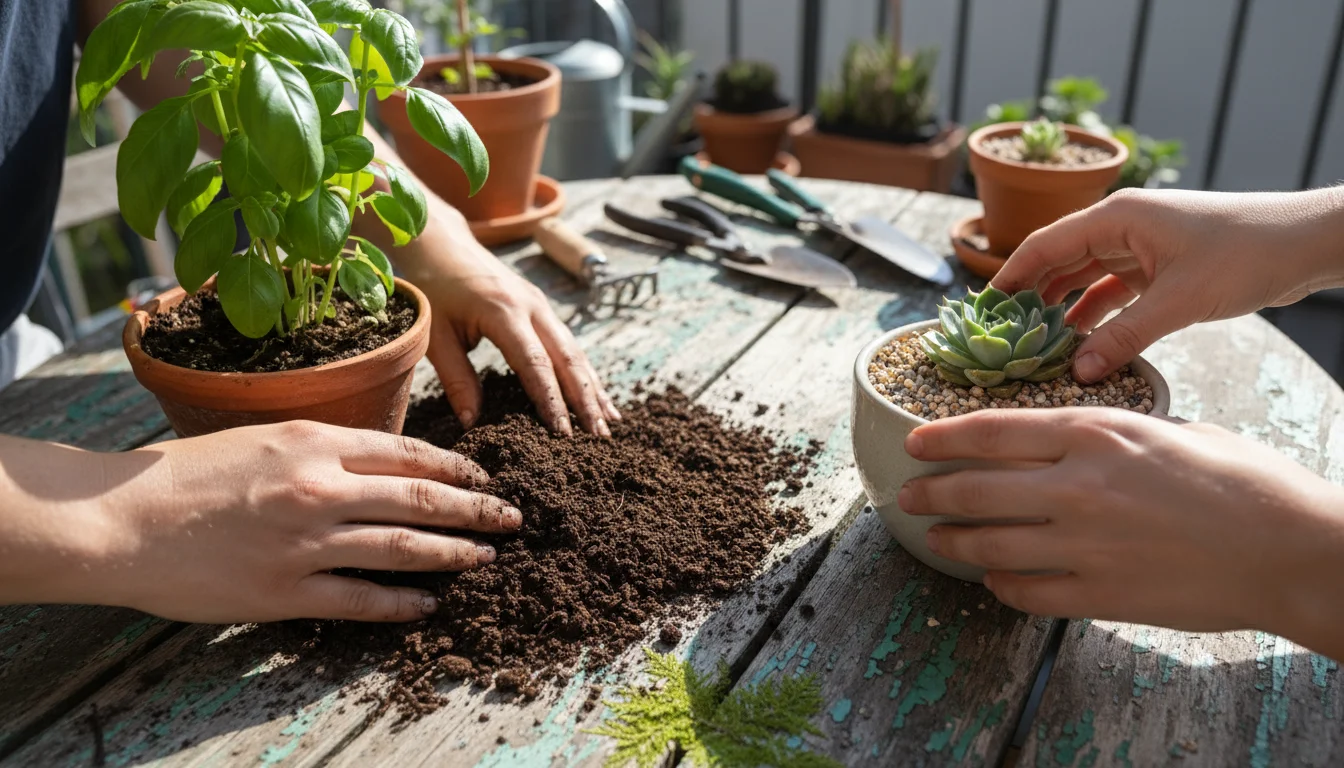 Hands planting basil in dark, rich soil and a succulent in gritty mix on a balcony table, highlighting different specialized potting mixes.
