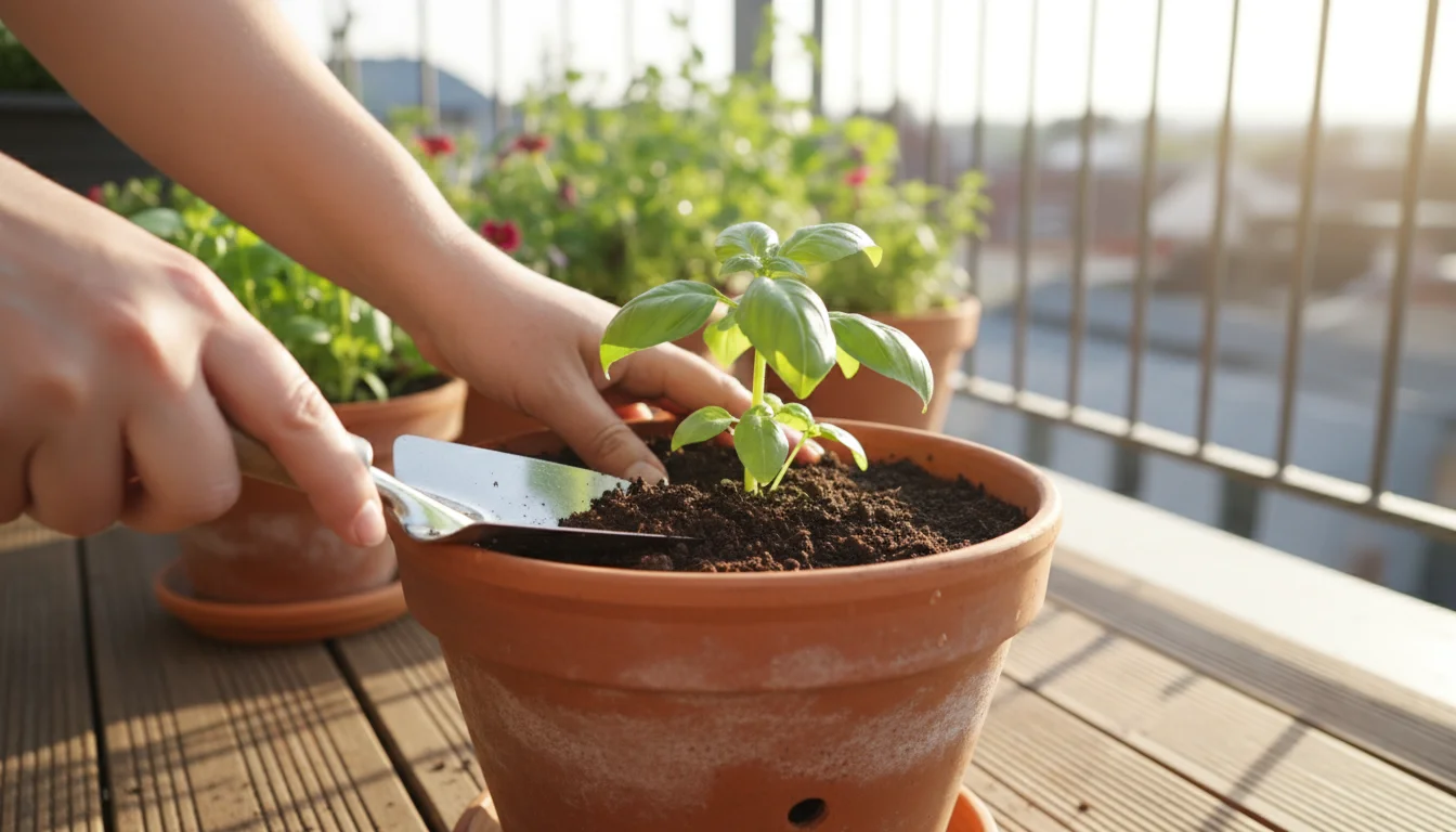 Hands planting a basil sprout in a 10-inch terracotta pot with visible drainage hole, using dark potting mix on a wooden balcony.