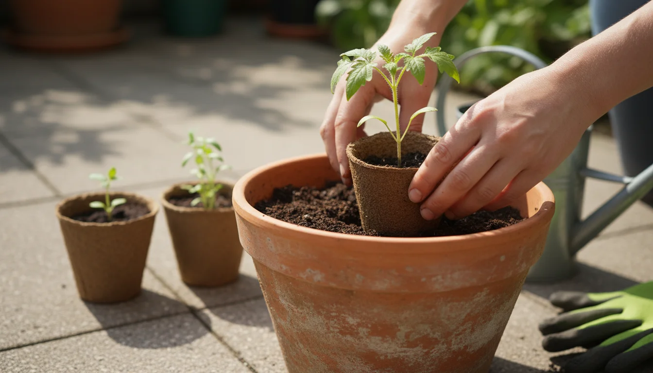 Close-up of hands planting a coir pot with a tomato seedling directly into a terracotta planter on a patio, with other biodegradable pots nearby.