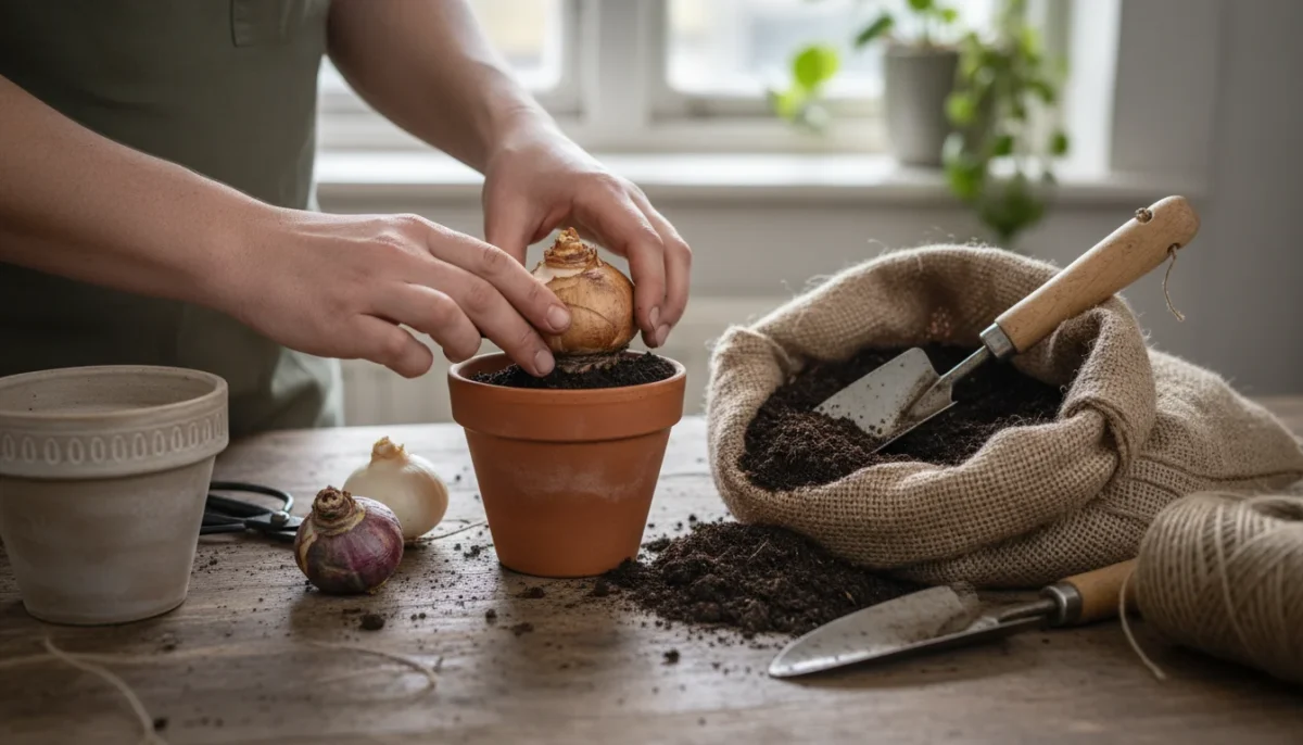 Hands planting a daffodil bulb into a small terracotta pot on a wooden table, with other bulbs and potting supplies nearby.