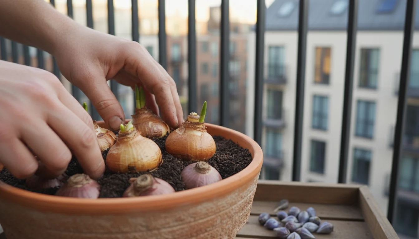 Hands planting daffodil bulbs into a layered pot, with allium bulbs below and scilla bulbs ready, on an urban balcony.