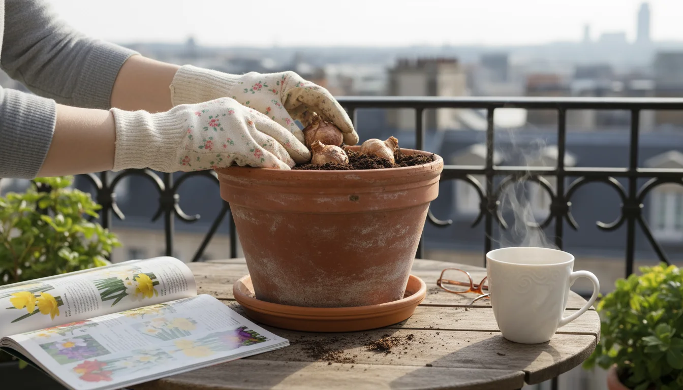 Hands planting daffodil bulbs in a terracotta pot on a balcony table with an open seed catalog and a mug.