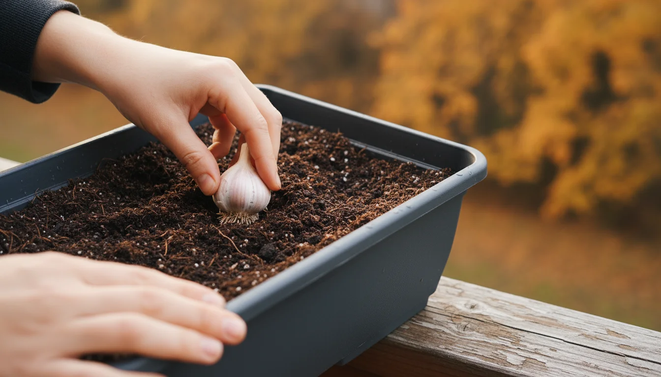 Close-up of hands planting a garlic clove root-side down into soil in a dark grey self-watering planter on a balcony railing.