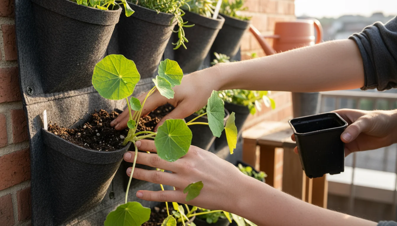 Close-up of hands planting a green trailing plant into a vertical garden pocket, firming soil, with a nursery pot nearby.