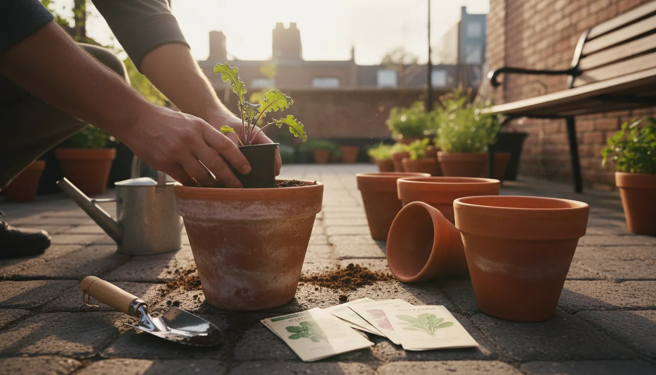Hands carefully planting a kale seedling into a terracotta pot on a sunlit patio, with seed packets and gardening tools nearby.