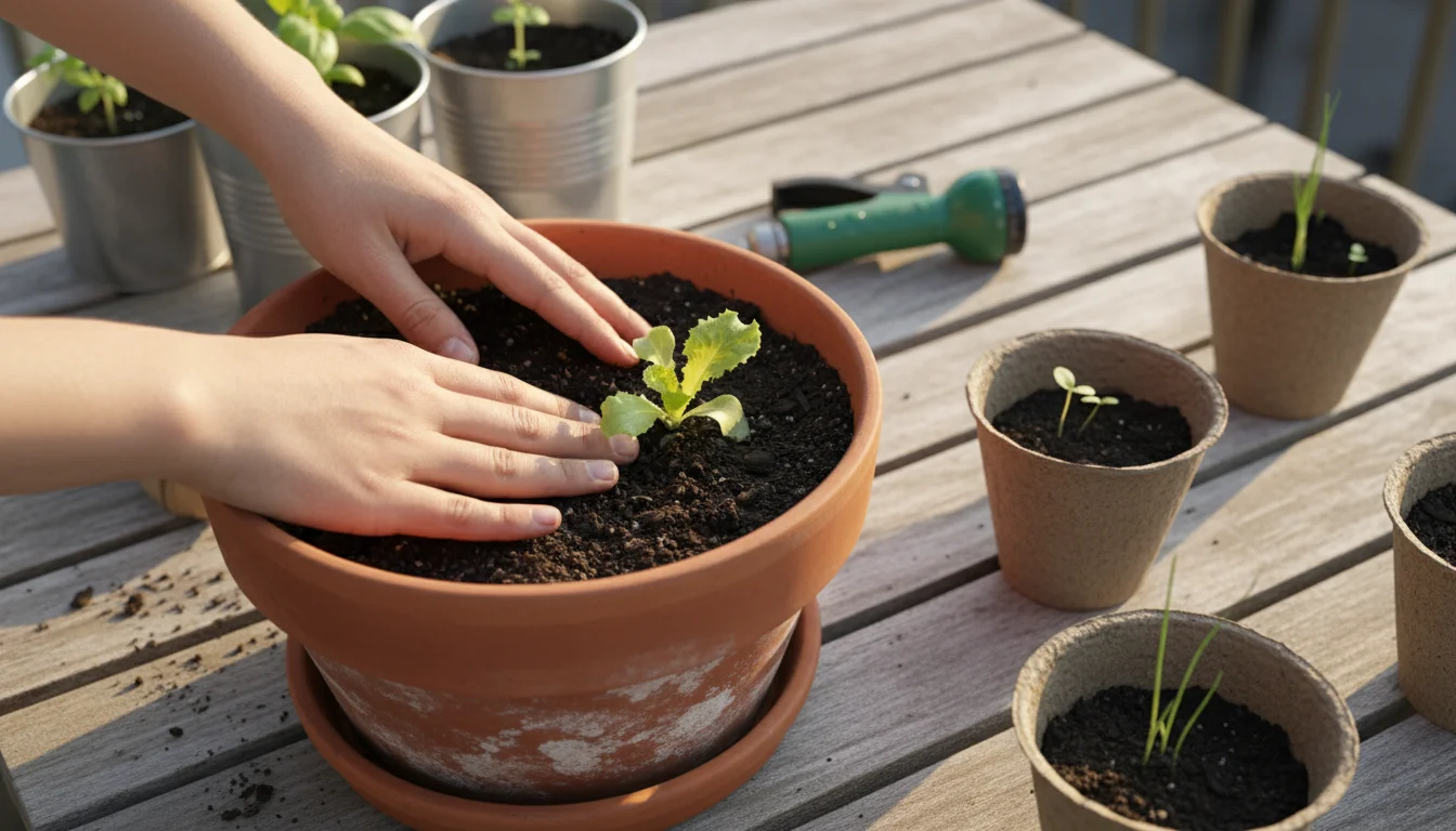 Close-up of hands planting a lettuce seedling in a terracotta pot on a sunny balcony table, surrounded by other small containers.