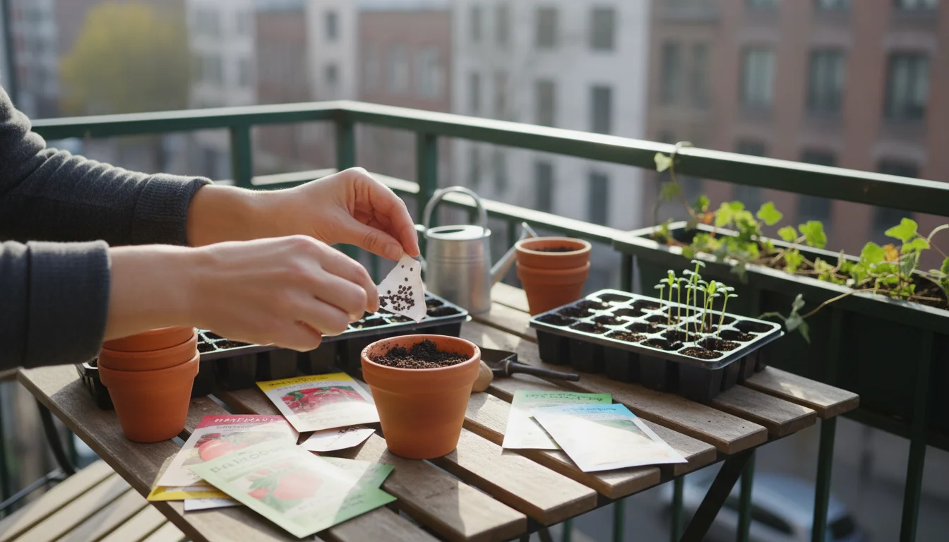Hands planting multiple tiny seeds into a small terracotta pot on a balcony table, surrounded by seed packets and trays.