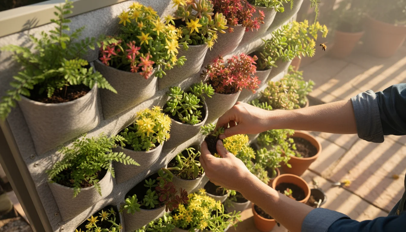 Hands planting a native sedum seedling into a modular vertical garden, surrounded by various thriving native plants and a pollinator.