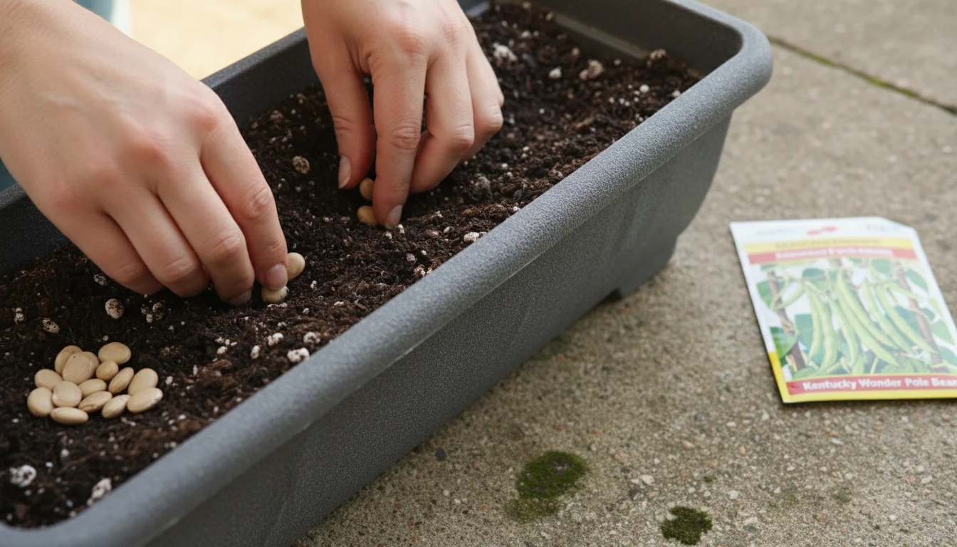 Hands gently planting pole bean seeds into a long balcony planter box. A seed packet and small trellis are nearby.