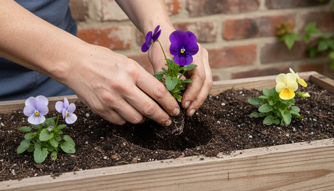 Hands carefully planting a purple viola into a window box filled with soil, with other violas spaced out, on a balcony.