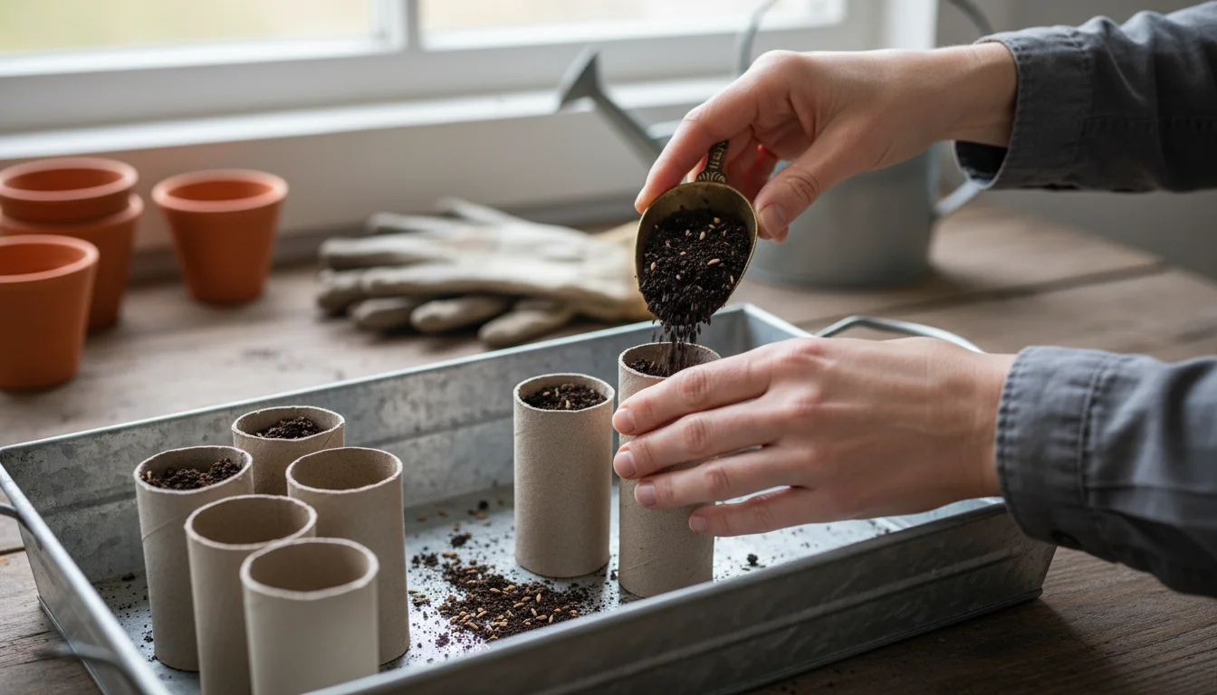 Close-up of hands planting seeds in an open egg carton and toilet paper roll sections, filled with soil on a wooden table.