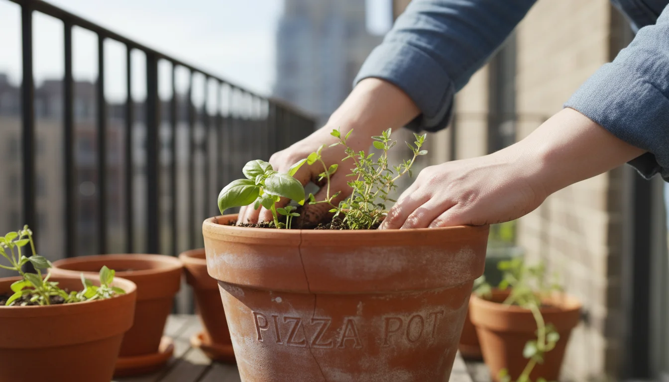 Close-up of hands gently planting small basil, oregano, and thyme seedlings into a terracotta pot on an urban balcony in spring.
