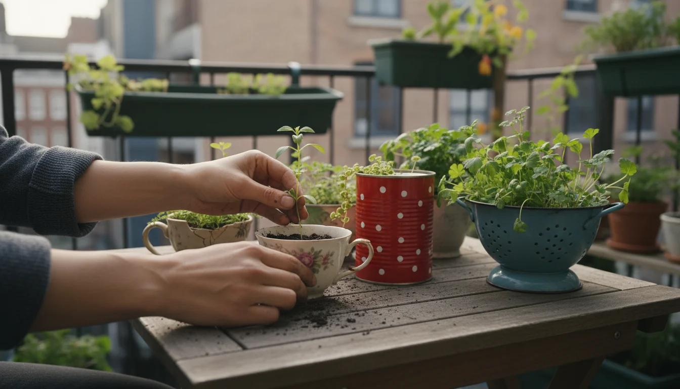 Close-up of hands planting a small herb seedling into a chipped teacup on a balcony table with other upcycled planters.