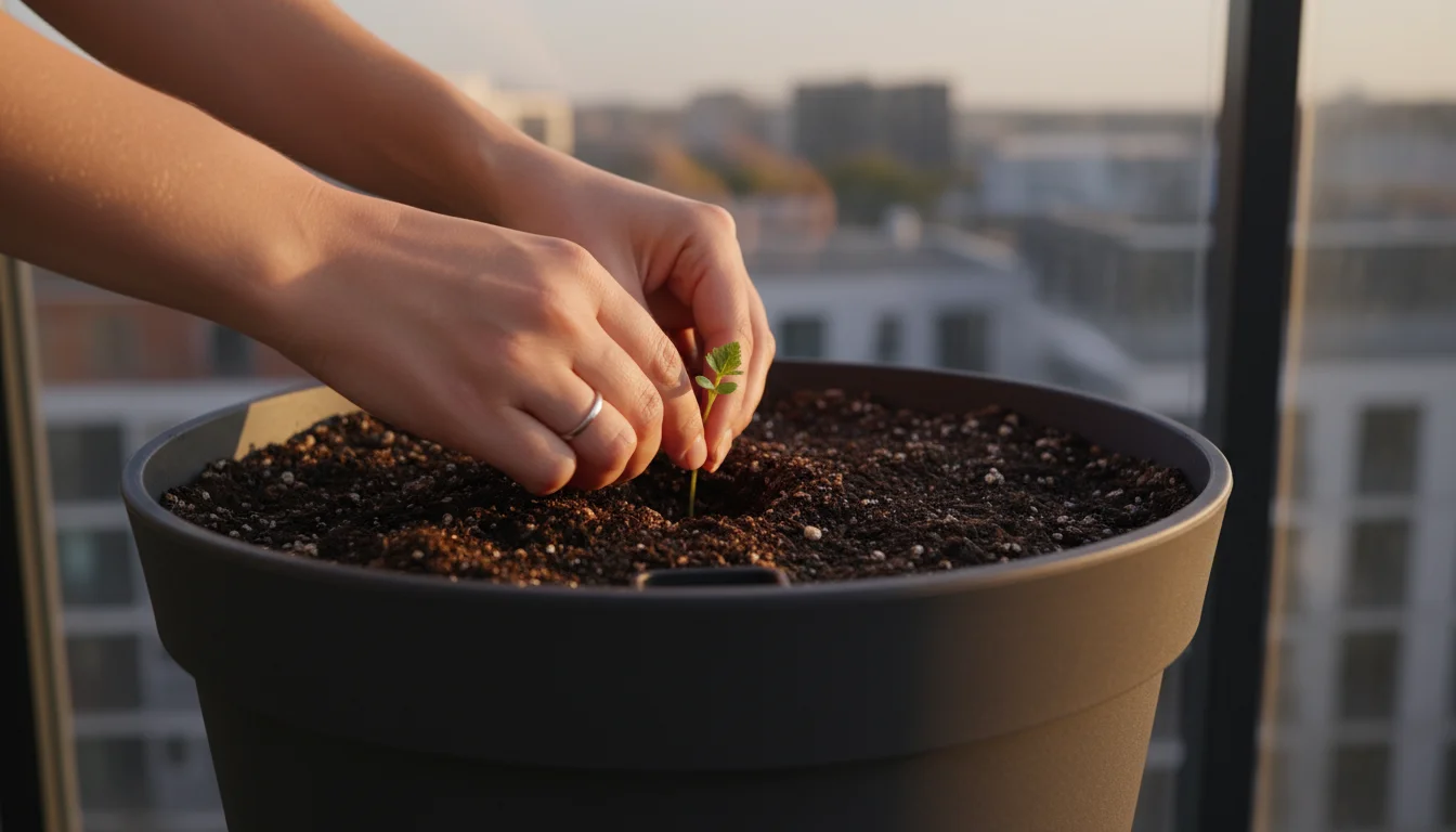 Hands gently planting a small okra seedling in a deep grey pot on a sunny urban balcony, with blurred city background.