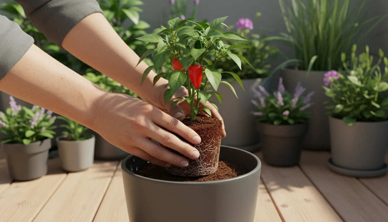 Hands planting a small ornamental pepper seedling into a grey pot on a sunny balcony, with soil visible. Other plants in background.