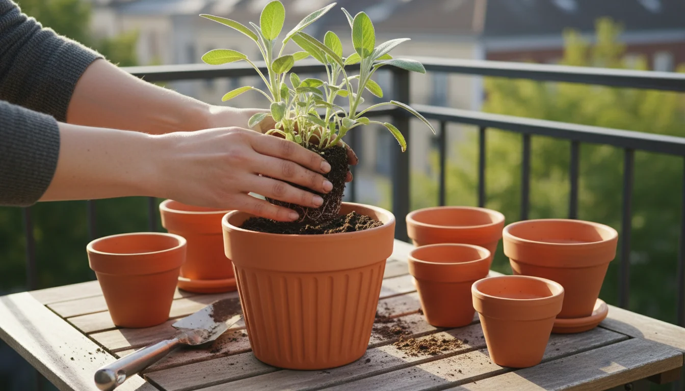 Hands planting a small sage herb into a terracotta pot on a patio surface with gardening tools.