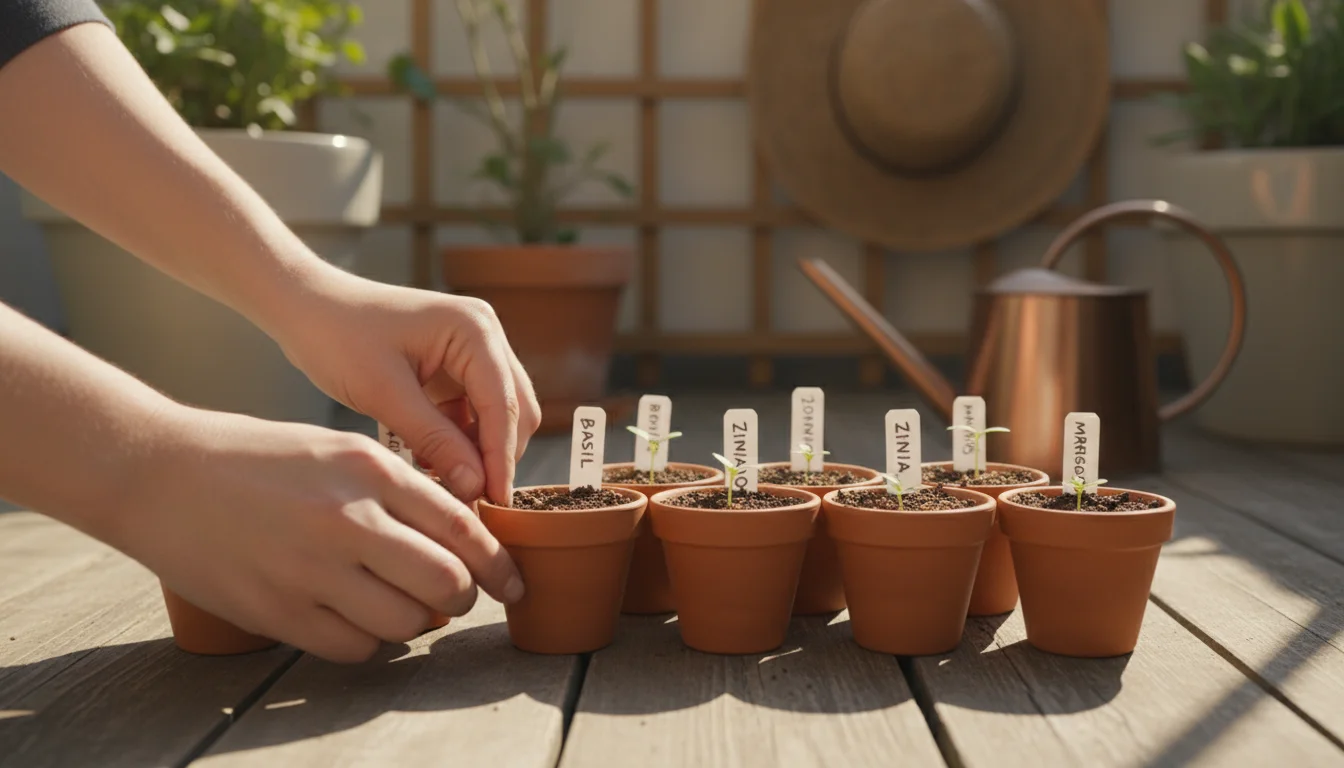 Close-up of hands planting small seeds into labeled terracotta pots on a wooden patio floor, with tiny green sprouts visible.