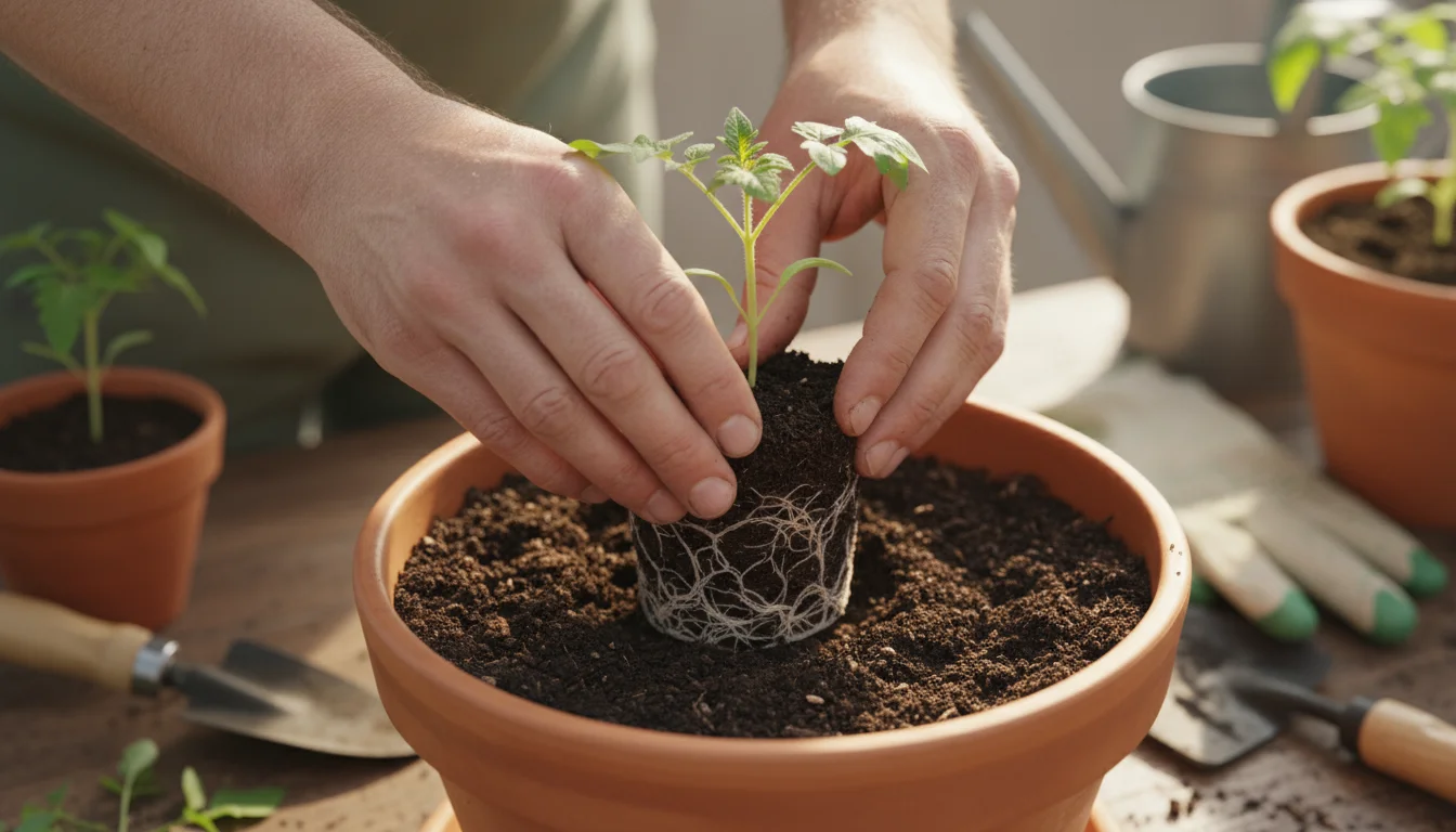 Close-up of hands gently planting a small tomato seedling into a terracotta pot filled with fresh potting mix on a sunlit patio.