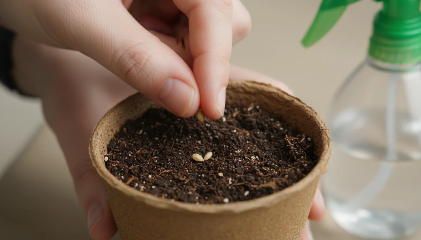 Close-up of hands gently planting small tomato seeds into a tiny, brown biodegradable pot filled with dark soil.
