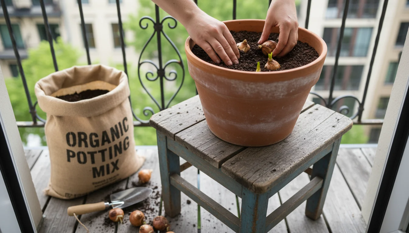 Hands planting spring bulbs into a terracotta pot on a wooden stool, on a small balcony with soil and tools visible.
