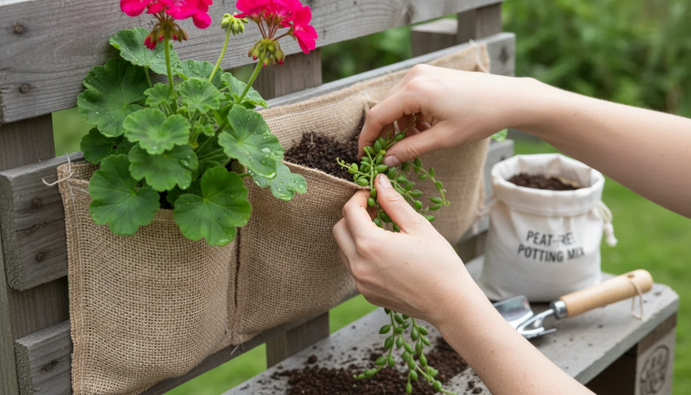 Close-up of hands planting a trailing plant into a fabric pocket of a wooden pallet vertical garden, beside a colorful flower.