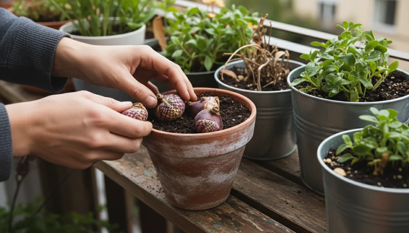 Hands planting variegated fall bulbs into a terracotta pot on a balcony railing shelf, with other container pots blurred in the background.