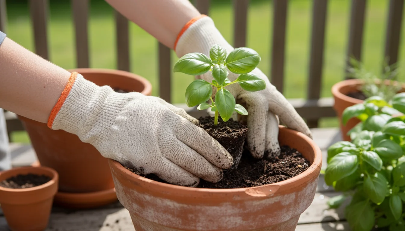Close-up of hands gently planting a vibrant basil seedling into a rustic terracotta pot filled with potting soil on a wooden patio table.