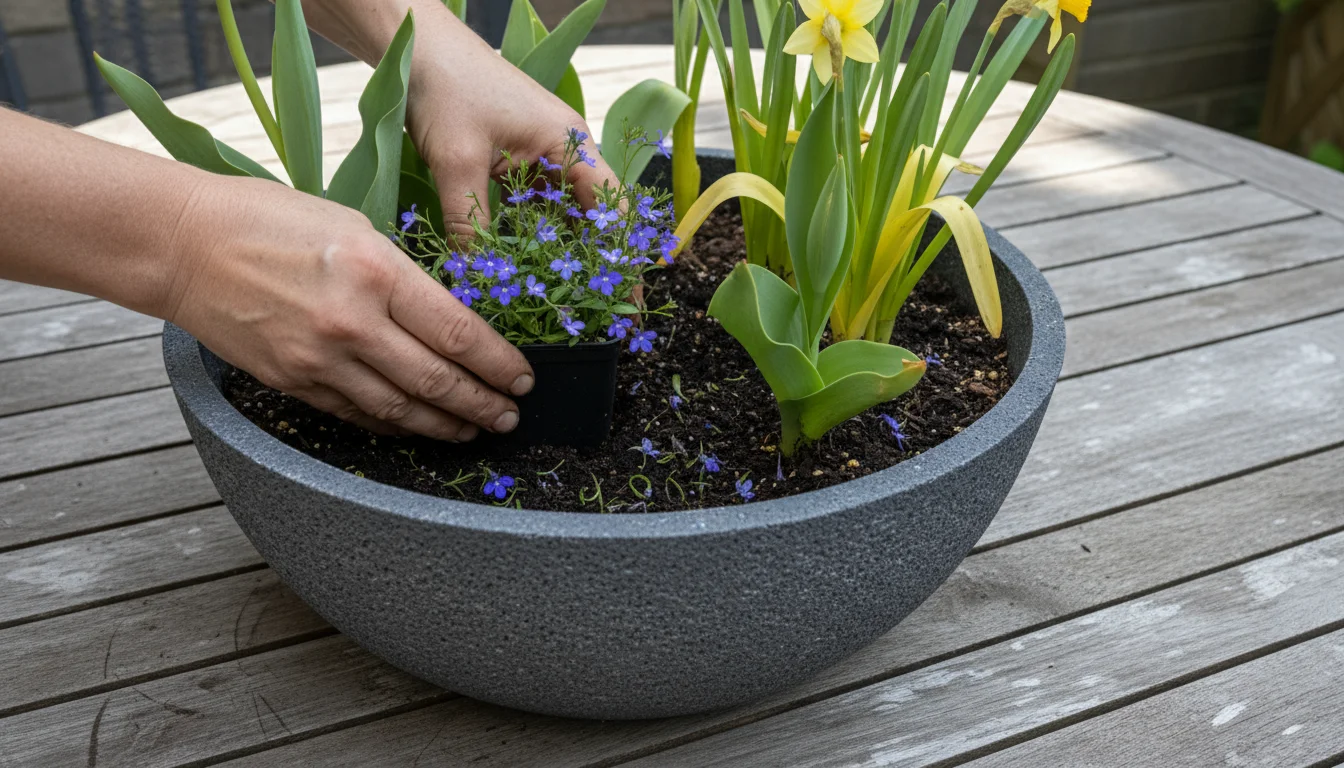 Hands planting vibrant blue lobelia into a large grey container already containing fading bulb foliage and pink petunias on a patio.