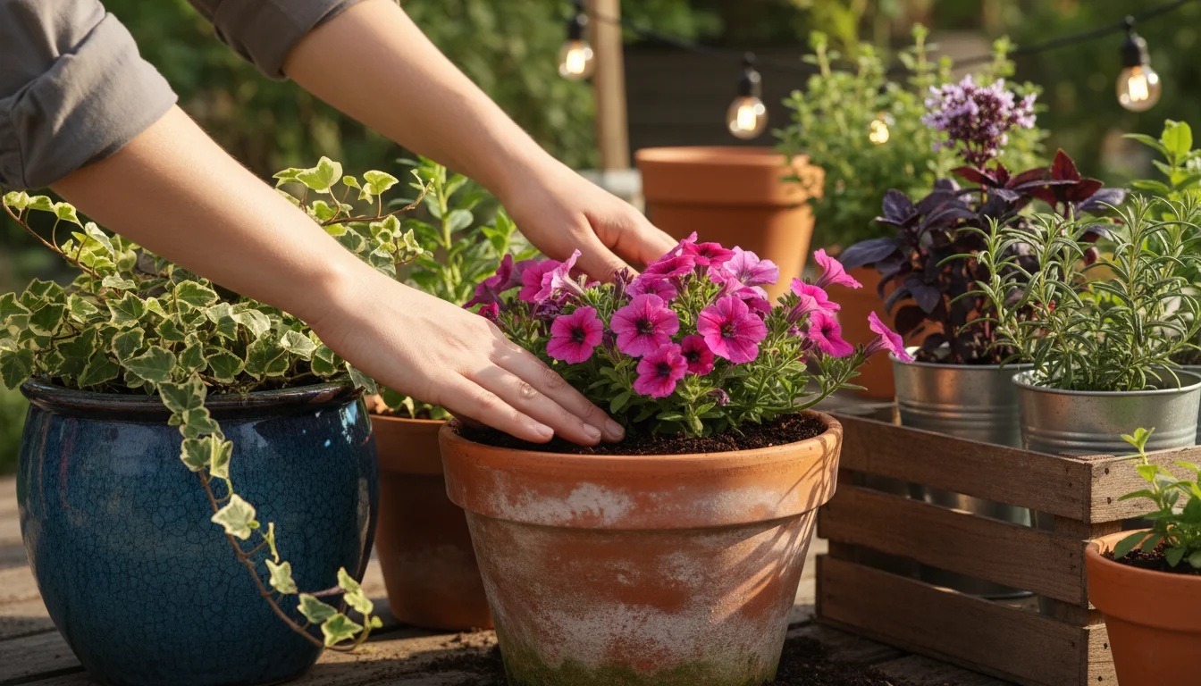 Close-up of hands planting a vibrant pink calibrachoa in a terracotta pot on a sunny patio, surrounded by lush, healthy container plants.