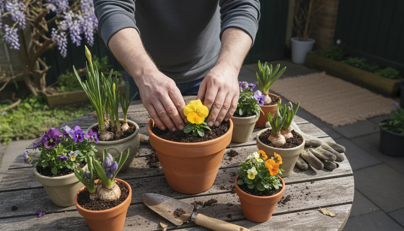 Hands planting a yellow pansy in a terracotta pot, surrounded by spring container plants on a wooden patio table.