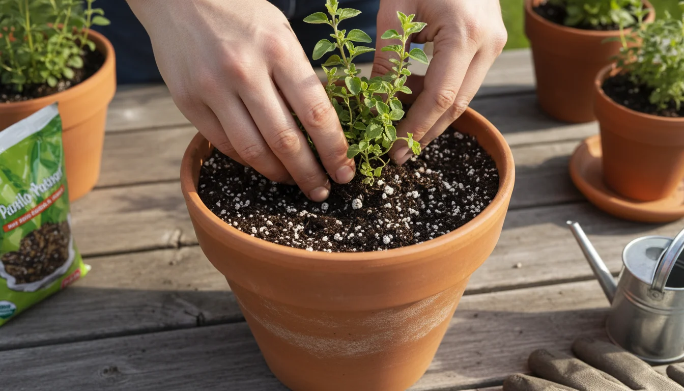 Hands carefully planting a young Greek oregano seedling into an 8-inch terra cotta pot filled with perlite-amended soil.