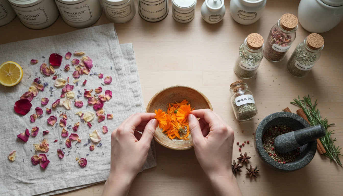 Hands gently plucking bright orange calendula petals into a bowl on a kitchen counter, with other edible flower petals drying nearby and jars for infu