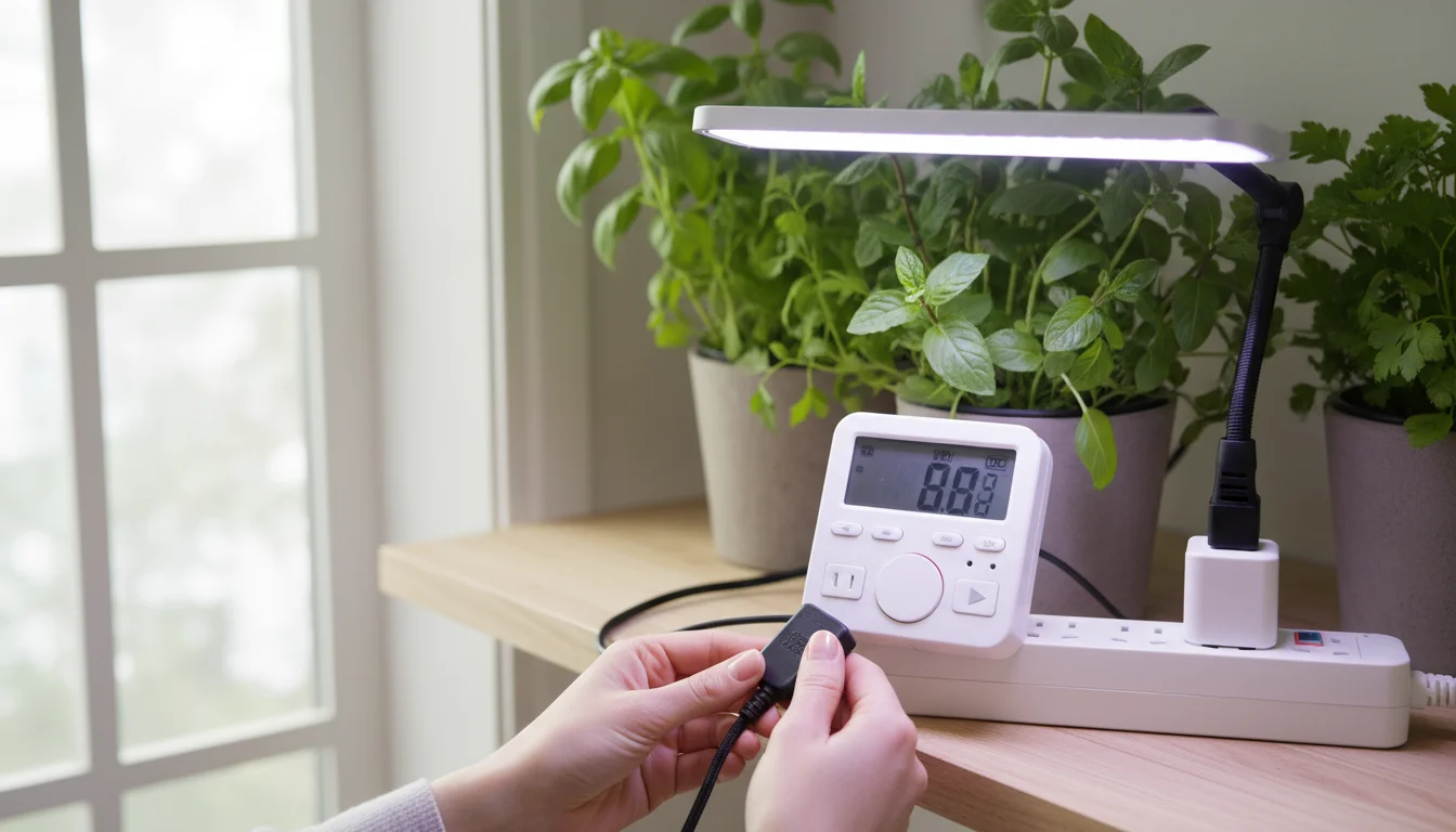 Hands plugging a compact LED grow light's cord into a white digital timer on a shelf above potted herbs.