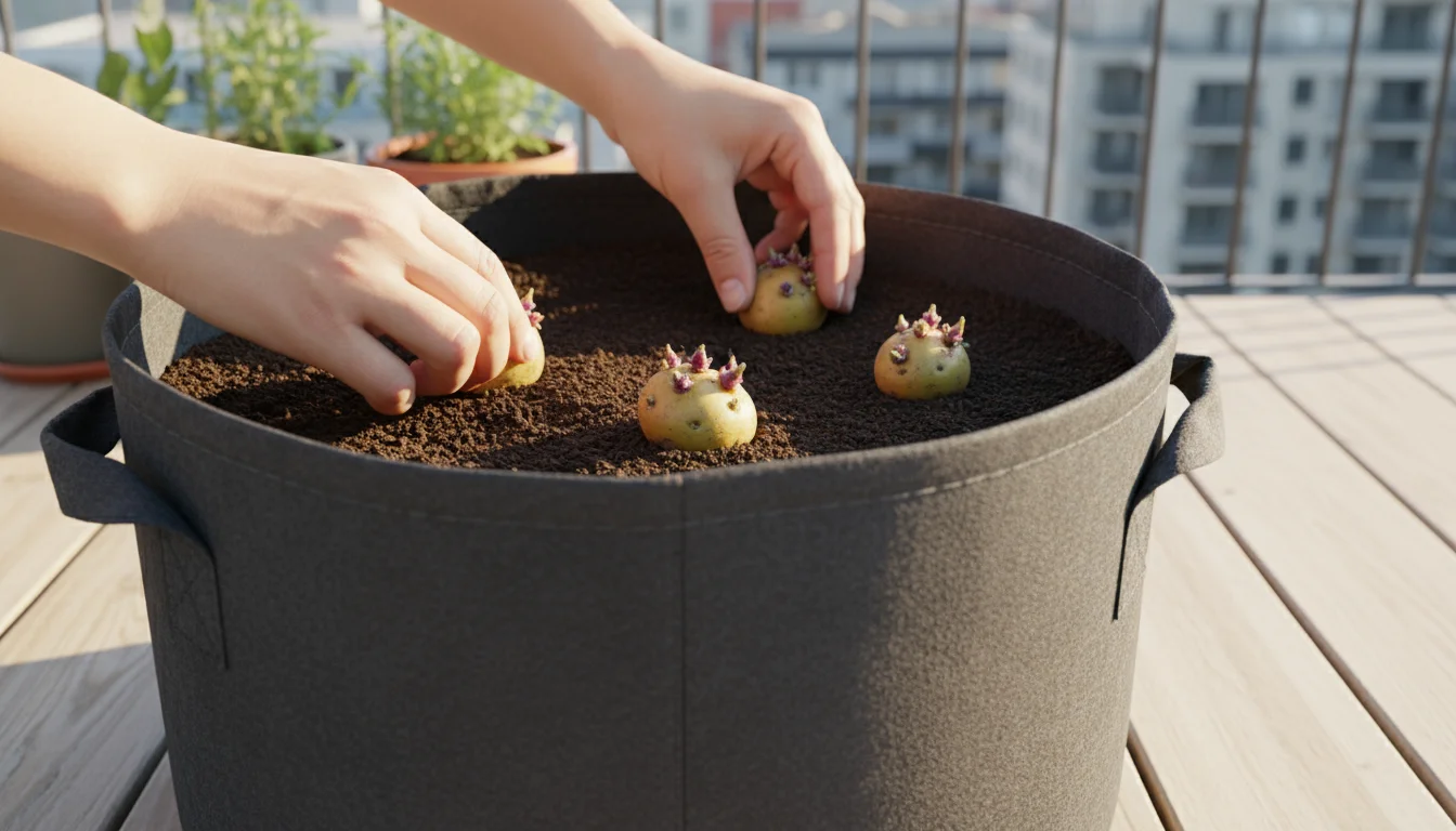 Hands carefully position three sprouted potato pieces onto a soil layer within a dark grey fabric grow bag on a bright balcony deck.