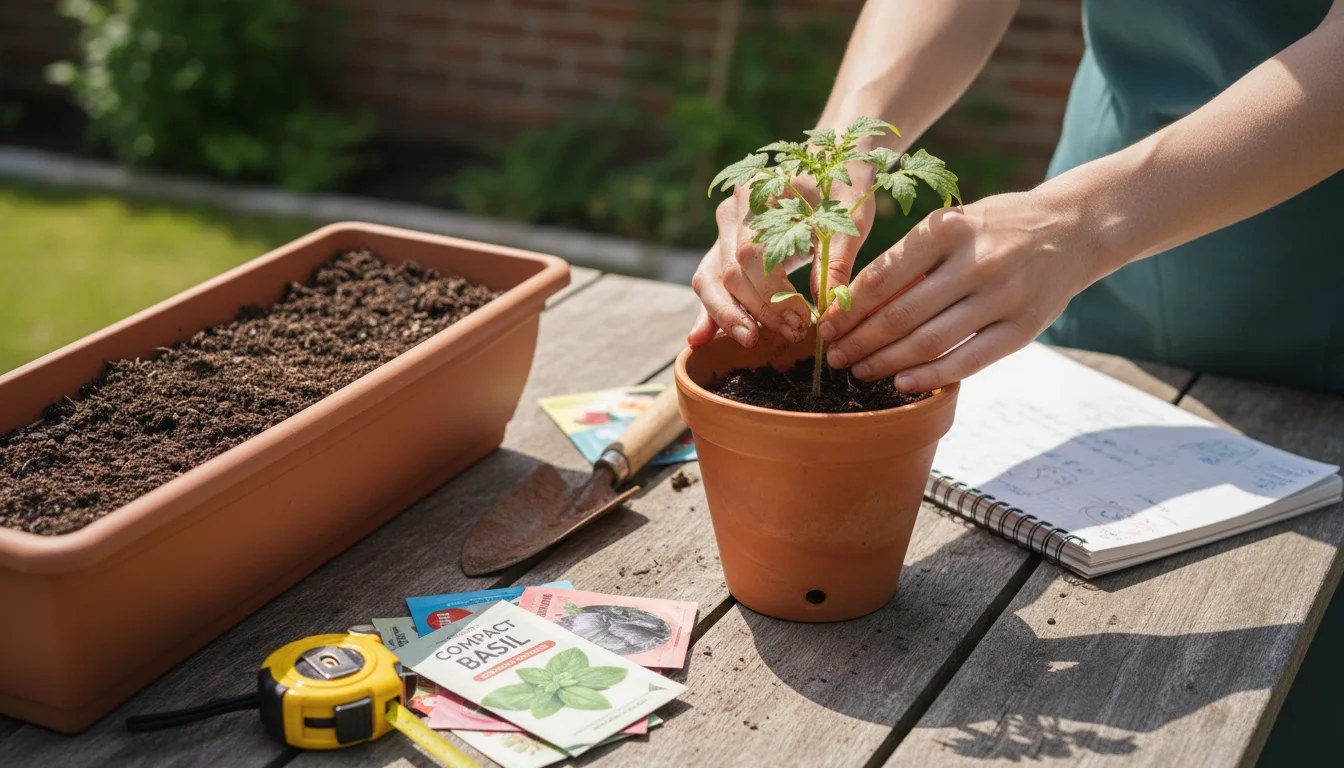 Hands gently positioning a small tomato seedling above a terracotta pot on a patio table, surrounded by seed packets, a tape measure, and a garden pla