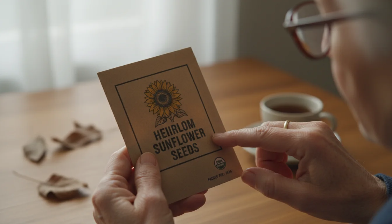 Close-up of hands, possibly with reading glasses, carefully inspecting a seed packet's 'packed for' date or organic label under natural window light.